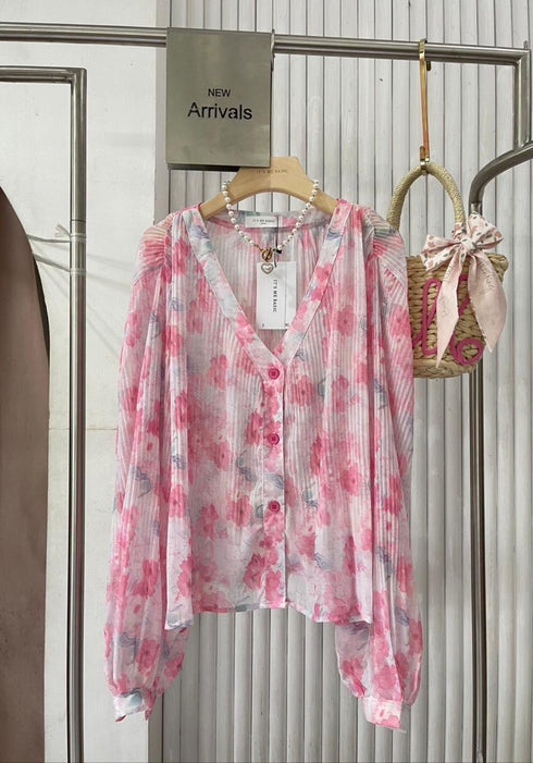 Summer Floral Print Loose V-Neck Tops